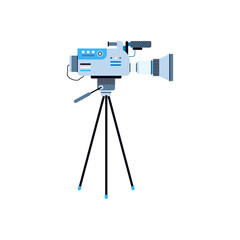 Icon of digital video camera on tripod. Professional equipment for cinema production, shooting films and movies, broadcasting news or tv show. Vector isolated illustration.