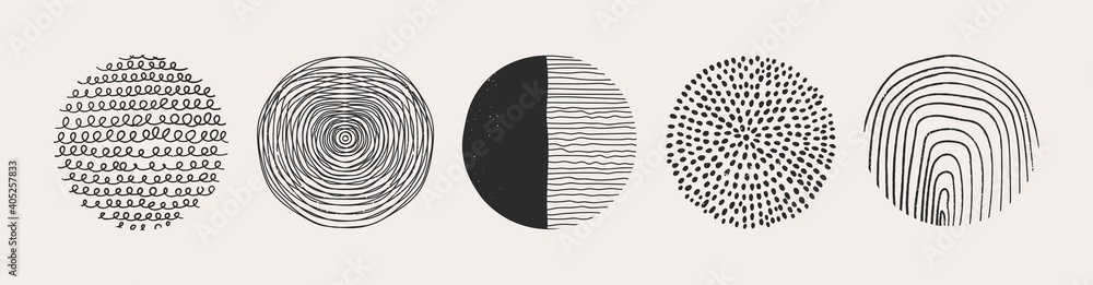 Set of round Abstract colorful Backgrounds or Patterns. Hand drawn doodle shapes. Spots, drops, curves, Lines. Contemporary modern trendy Vector illustration. Posters, Social media Icons templates - obrazy, fototapety, plakaty 