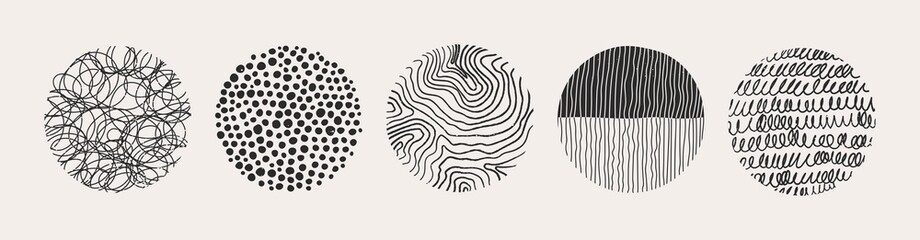 Wall Mural - set of round abstract colorful backgrounds or patterns. hand drawn doodle shapes. spots, drops, curv