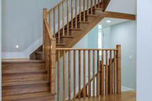 New Home Installing Wooden Railing For Stairs For Repairs In An Apartment Is Under Construction, Remodeling, Home