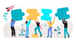 © Мария Гисина - Business team people characters connecting jigsaw puzzle pieces, cartoon vector illustration isolated on white background. Teamwork, collaboration and partnership.