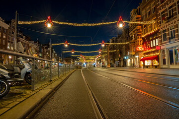 Poster - Christmas on the Damrak in the Netherlands at night