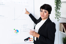 Portrait Of Businesswoman Pointing At Office Whiteboard