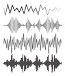 © tinakris - Black sound waves logos, audio symbols on white background. Modern music equalizer elements set. Jpeg waveform flat isolated illustration