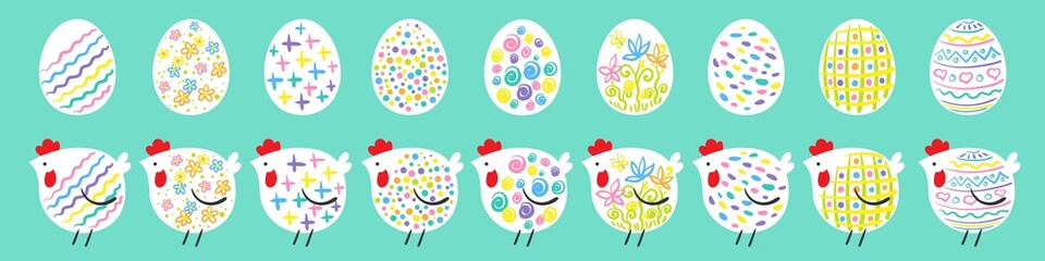 Wall Mural - Happy Easter. Colorful  banner with decorative chickens and eggs  with the same handmade ornament. Isolated on a blue background. Vector flat illustration.