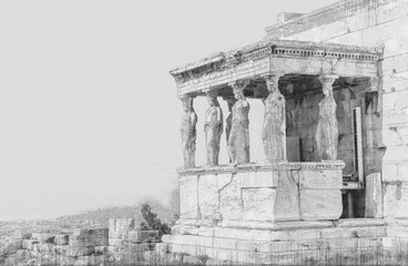 Black and white Ancient Sites ruins of ancient temple on Acropolis hill in Athens, Greece. Watercolor splash with hand drawn sketch illustration