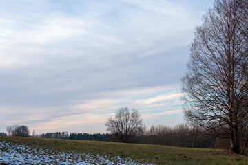 The green meadow is snowy with snow that forms a white cover in some places