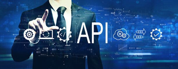 Wall Mural - api - application programming interface concept with businessman on a dark blue background