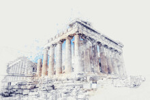 Ancient Sites Ruins Of Temple On Acropolis Hill, Athens, Greece. Watercolor Splash With Hand Drawn Sketch Illustration