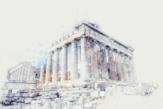 ancient sites ruins of temple on acropolis hill, athens, greece. watercolor splash with hand drawn s