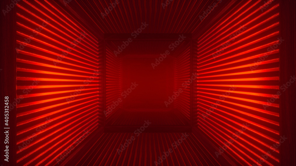 Abstract red futuristic wooden tunnel background with haze corridor and ...