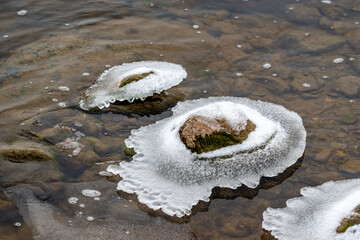 Beginning of the winter, Ice forms on the vegetation across the river. 