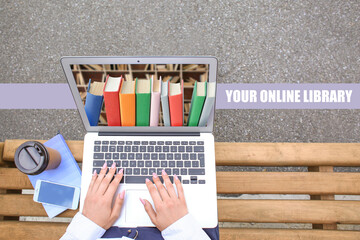 Woman with laptop visiting website of online library outdoors, top view