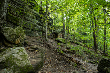 Wall Mural - Dirt Trail Leads Up Through Rocky Cliff and Fallen Boulders