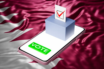 Canvas Print - 3d illustration of a voting box with a billboard standing on a smartphone, with the national flag of Qatar in the background. Online voting concept, digitalization of elections