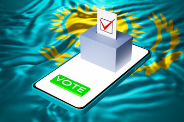 Canvas Print - 3d illustration of a voting box with a billboard standing on a smartphone, with the national flag of Kazakhstan in the background. Online voting concept, digitalization of elections