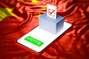 Canvas Print - 3d illustration of a voting box with a billboard standing on a smartphone, with the national flag of China in the background. Online voting concept, digitalization of elections