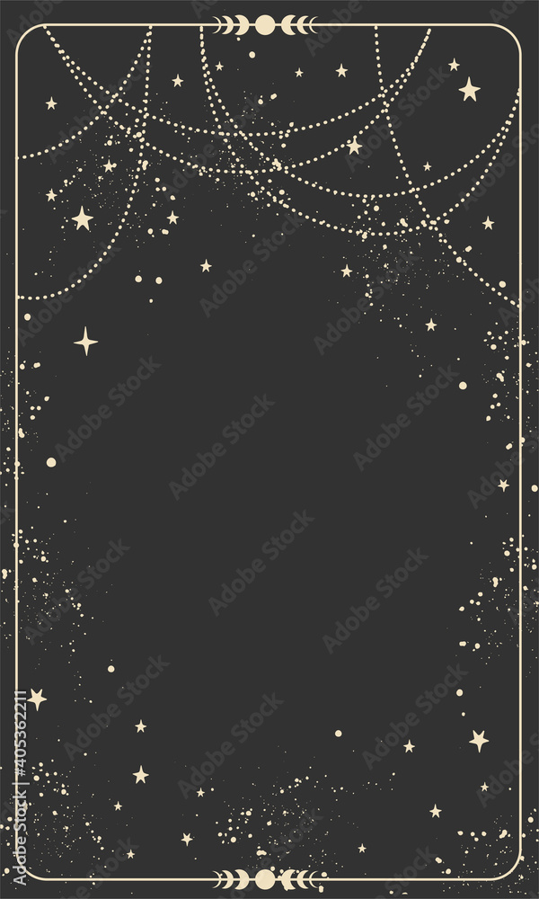 Vintage celestial mystical background for astrology, divination, tarot. Black postcard with a frame in a bohemian design, stars and jewelry, copy space. Magic vector illustration - obrazy, fototapety, plakaty 