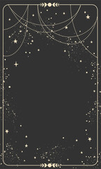 Wall Mural - Vintage celestial mystical background for astrology, divination, tarot. Black postcard with a frame in a bohemian design, stars and jewelry, copy space. Magic vector illustration
