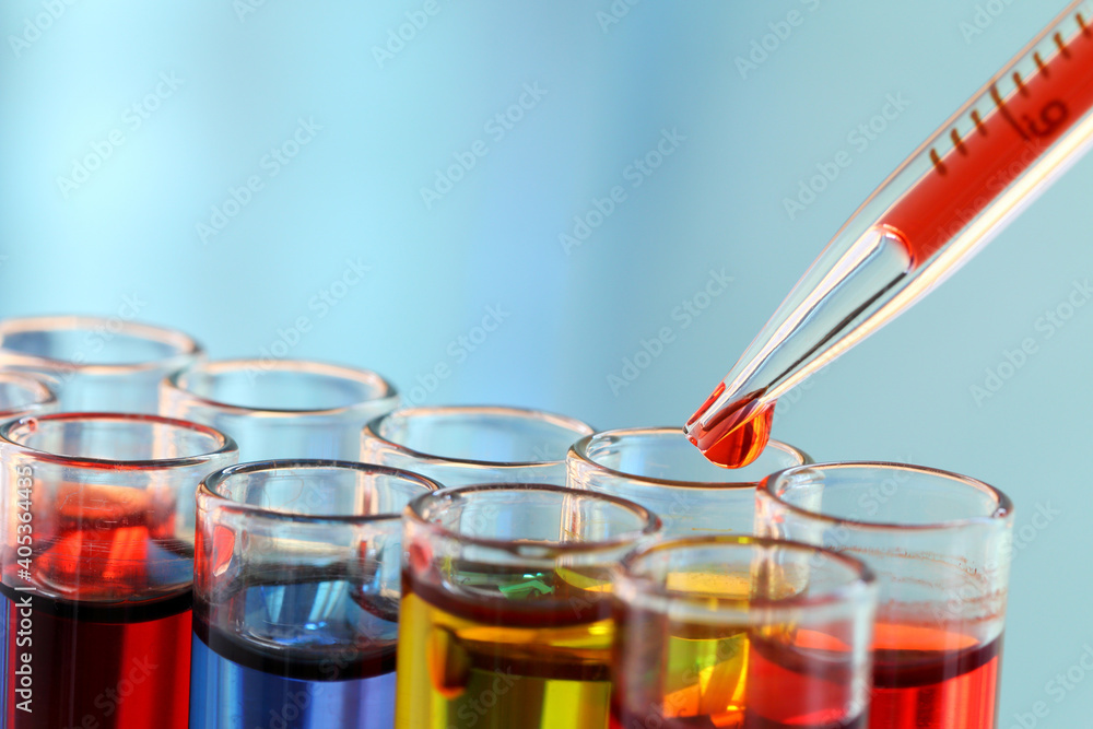 Close-up Of Colorful Chemicals In Test Tubes At Laboratory - obrazy, fototapety, plakaty 