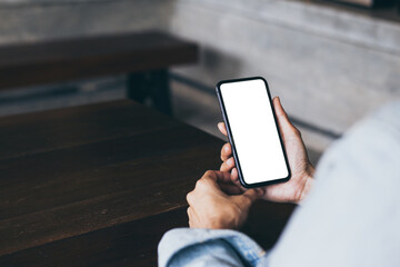 cell phone blank white screen mockup.woman hand holding texting using mobile on desk at office.background empty space for advertise.work people contact marketing business,technology