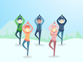 Canvas Print - People Group Winter Yoga Outdoors Illustration