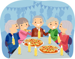 Poster - Stickman Senior Eat Pizza Fest Table Illustration