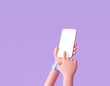 © StockStyle - 3D Cartoon hand holding smartphone isolated on purple background, Hand using mobile phone mockup. 3d render illustration