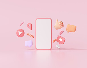 Wall Mural - 3d render social media with photo frame, like button and geometric shapes on pink background illustr