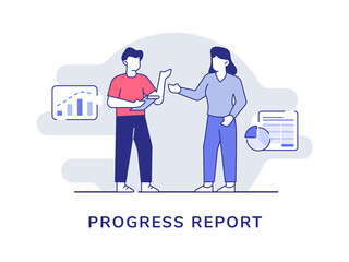 Wall Mural - progress project report men and woman give presentation with modern flat style character line