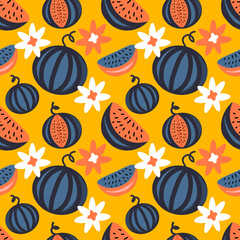 Wall Mural - vector seamless pattern with hand drawn repeating watermelons on yellow background. bright flat illustration for printing on fabric, clothing, wrapping paper. background for websites and applications