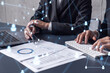 © VideoFlow - Two HR specialists man and woman analyzing the market of alumni to boost the intern program at international consulting company. Hiring new talented officers. Social media hologram icons.