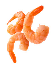 Boiled prawns levitate on a white background