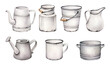 set of jars.dishware.rural tableware.bucket, watering can, kettle, can, cup, jug, kettle, saucepan