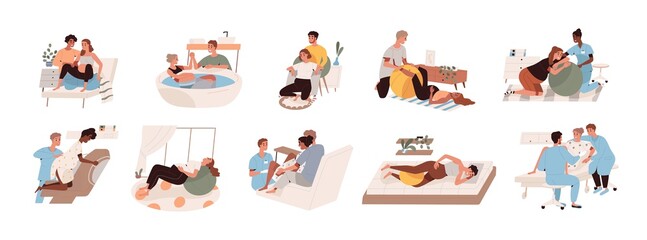 Pregnant women preparing for childbirth at hospital with obstetricians and at home with partner or doula. Female during child delivery. Set of birthing positions flat vector illustration on white