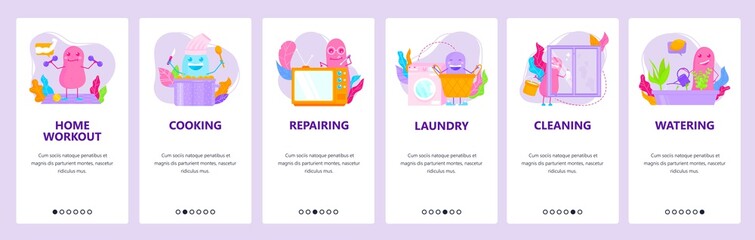 Home cooking, laundry, cleaning, repairing, watering plants, workout. Mobile app screens, vector website banner template