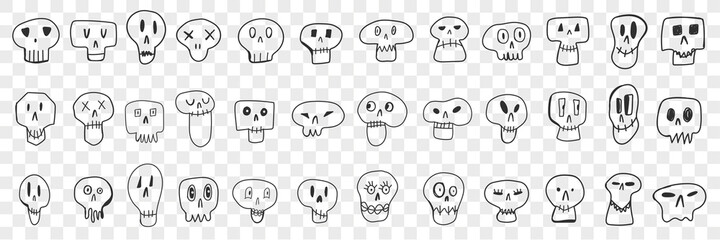 Wall Mural - Various skull faces doodle set. Collection of hand drawn spooky skulls faces of different shapes and expressions isolated on transparent background. Illustration of skulls for kids 