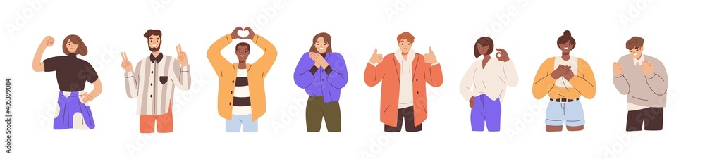 Set of happy people showing various positive emotions with gestures. Ok sign, clenched fist, thumbs up, victory fingers and hand heart. Colored flat vector illustration isolated on white background - obrazy, fototapety, plakaty 