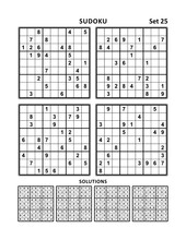 Four Sudoku Puzzles Of Comfortable (easy, Yet Not Very Easy) Level, On A4 Or Letter Sized Page With Margins, Suitable For Large Print Books, Answers Included. Set 25.
