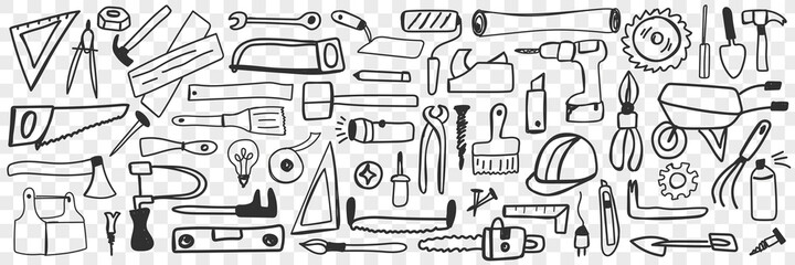 Wall Mural - Various tools for repair doodle set. Collection of hand drawn drill hammer saw pliers socket screwdriver isolated on transparent background. Illustration of repairing instruments for workers