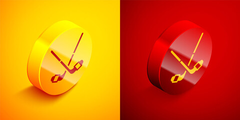  Isometric Ice hockey sticks icon isolated on orange and red background. Circle button. Vector.