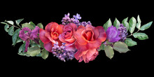 Red Roses And Purple Flowers Isolated On Black Background. Floral Arrangement, Bouquet Of Garden Flowers. Can Be Used For Invitations, Greeting, Wedding Card.