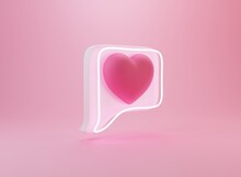 3d Render Illustration. Social Media Notification With Neon Glow. Pink Heart Icon With Neon Glow In Square Speech Bubble On Background With Shadow.
