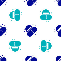 Blue Medicine pill or tablet icon isolated seamless pattern on white background. Capsule pill and drug sign. Pharmacy design. Vector.