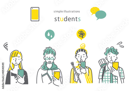 Multiramy スマホを持っている人 笑顔 男女4人セット シンプルでお洒落な線画イラスト Multiramy スマホを持っている人 笑顔 男女4人セット シンプルでお洒落な線画イラスト