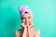 © deagreez - Photo of charming lady look empty space enjoy spa procedures wear purple towel turban isolated teal color background