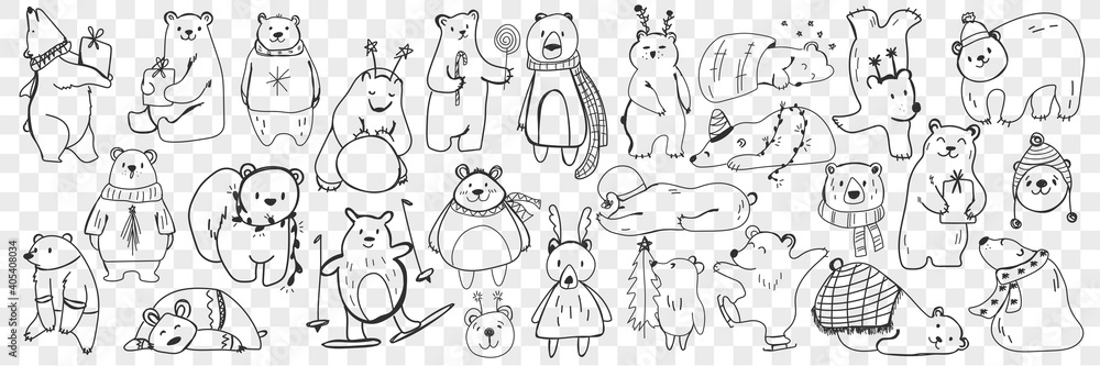 Polar and teddy bear doodle set. Collection of hand drawn funny bears in scarves and accessories doing sport, sleeping, enjoying life isolated on transparent background. Illustration of bear for kids - obrazy, fototapety, plakaty 