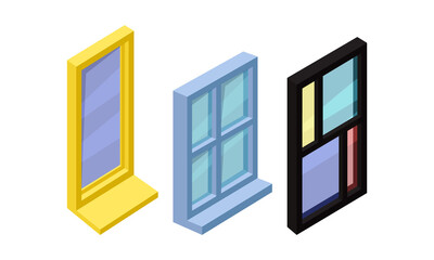 Sticker - Isometric Glass Windows as Opening in Wall Vector Set