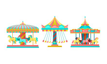 Merry-go-round With Horses As Amusement Or Entertainment Park Attractions Vector Set