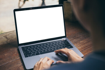 computer screen blank mockup.hand woman work using laptop with white background for advertising,contact business search information on desk at coffee shop.marketing and creative design